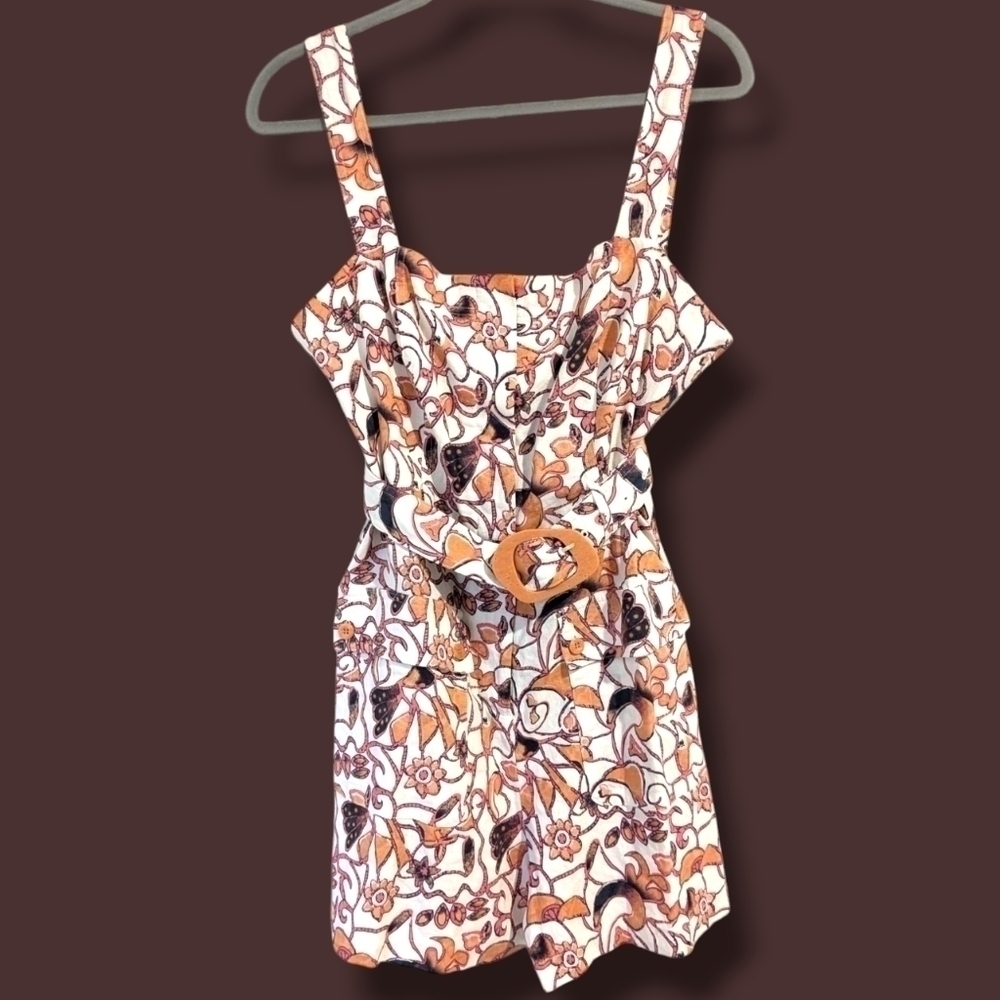 House of Harlow Orange Floral Belted Linen Blend Sleeveless Romper Retro Coastal